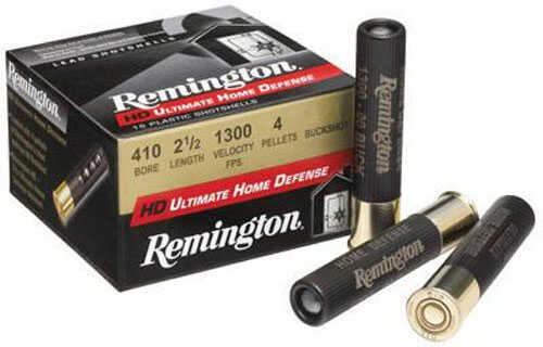 A box of Remington 410 Gauge Buckshot 2.5 Inch 000 Buck (15 rounds) is shown with three individual shells beside it; the box features details like gauge, length, and intended use for home defense. Brand: Remington.