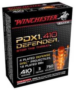 A black box of Winchester 410 Gauge Buckshot 10 Round Box Defense Pellets features text on its 3-inch shells, 750 velocity, and includes 4 plated defense discs plus 16 plated BBs.
