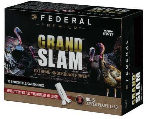 A box of Federal Grand Slam Turkey 10 Gauge 3.5 shells, 2 oz, #4 shot, features “Extreme Knockdown Power” and FLITECONTROL Flex Wad for consistent patterns with all chokes. Contains 10 shotshells by Federal.