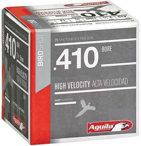 A box of Aguila 410 Gauge Lead Shot 1/2 Oz #7.5 ammunition contains 20 rounds. The packaging, marked with gray, red, and white colors, features the Aguila brand and is ideal for hunting enthusiasts.