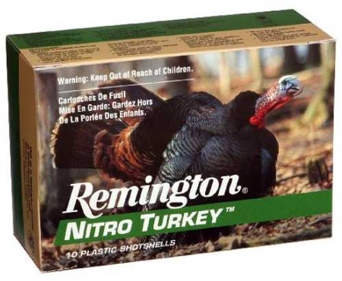 A green and tan Remington box with a wild turkey image and safety warnings contains 10 Remington Nitro Turkey 12 Gauge Shotshells, 2 3/4, one half oz, ideal for serious turkey hunting.
