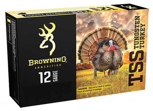 A box of Browning 20 Gauge 5 Rounds Ammunition, 3 1 1/2 oz Tungsten #7, with eye-catching yellow and black packaging and a bold wild turkey image under a striking sky.