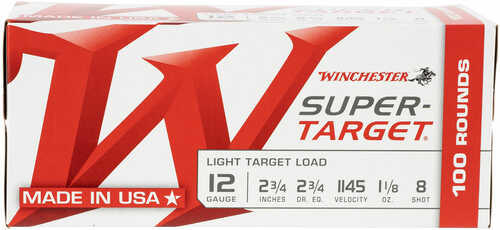 A 100-round Value Pack of Winchester TRGT128Vp 12 Gauge Ammo features light target load, 2 3/4 inch, 1 1/8 oz, #8 shot at 1145 fps. Red and white box. Made in the USA by Winchester.