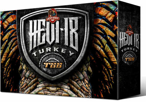 A box of Hevi-Shot - Environ Metal 12 Gauge 3 5 Rounds Ammunition 2 Oz #7 features a shield emblem and turkey feather graphics on black. This non-toxic ammo is ideal for turkey hunting.