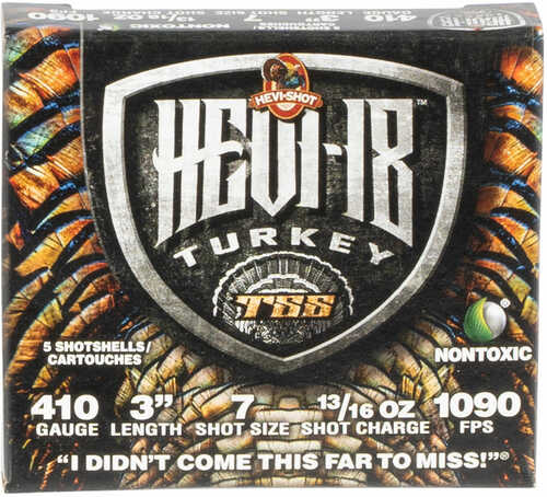 Hevi-Shot 1007 HEVI-18 TSS .410 Gauge 3 13/16 oz #7 shot, 5 rounds per box—nontoxic and ideal for turkey hunting. Features a striking turkey feather design and bold hunting slogan by Hevi-Shot - Environ Metal.