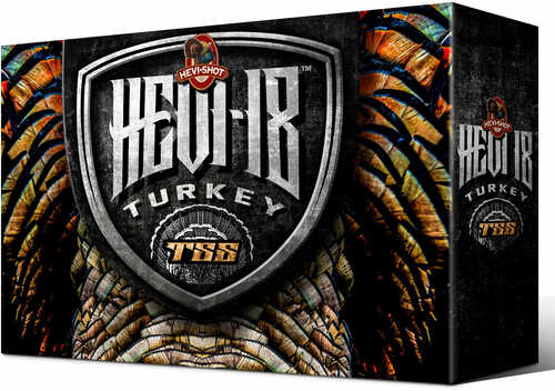 A box of Hevi-Shot - Environ Metal Hevishot 1009 Hevi-18 Turkey TSS 410 Gauge 3 13/16 oz #9 shot (5 rounds) with a bold shield logo and feather design—ideal for dedicated turkey hunters.
