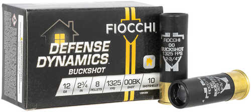 A box of Fiocchi Ammo Defense Buckshot 12 Gauge 2.75 Inch 8 Pellets, with two black and gold rounds in front. The box features shot size, velocity, and an 8-pellet count for reliable performance.