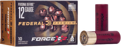 A box of Federal Force X2 12 Gauge Buckshot 9 Pellets 2.75 Inch by Federal sits beside two red shotgun shells—one standing upright, the other lying down. The box contains 10 personal defense rounds.