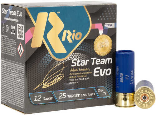 A box of Rio Ammunition Star Team Evo 12 Gauge 2.75 Inch 1/8 oz 7.5 Shot cartridges with two blue and gold shells beside it. The box contains 25 target rounds, ideal for competition sports shooting.