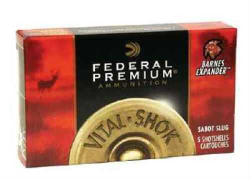 A box of Federal 12 Gauge Ammunition contains 5 rounds of 2 3/4 1 oz lead slugs; the packaging features red branding and highlights accuracy.