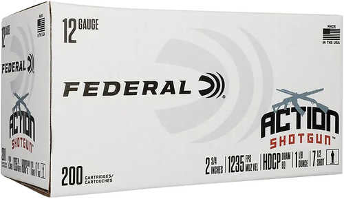 The Federal AS12H75 Action Shotgun Target 12 Gauge box holds 200 rounds of 2Âľ shells, each with a 1 oz load, 1235 fps velocity, and #7.5 shot. The white box displays bold black and blue Federal branding.