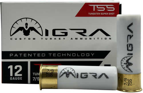 Two white Migra Ammunitions T1279200 Staxd 12 Gauge 3 shells in 7 & 9 shot are shown before a branded box labeled Custom Turkey Ammunition and Tungsten Super Shot.