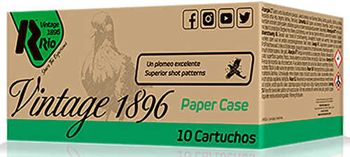 A brown and green Rio Ammunition Vintage 1896 12 Gauge Paper Flyer 7.5 Shot box holds 10 cartridges, with a bird illustration, brand logo, social media icons, and Spanish text about shot quality on the packaging.