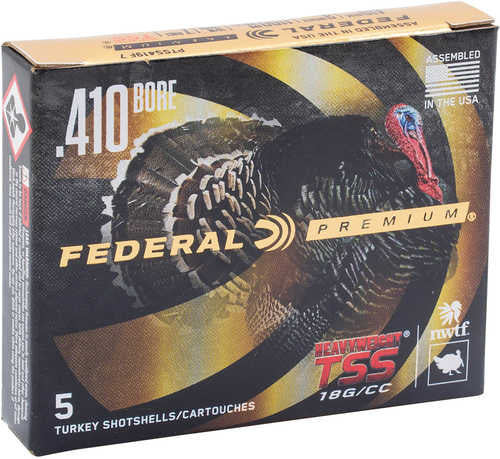 A Federal PTSS419F95 Premium Turkey Heavyweight TSS .410 Gauge 9 Shot 13/16 oz, 5-round box by Federal features a wild turkey image, black with gold accents, HEAVYWEIGHT TSS shot, and USA assembly mark.