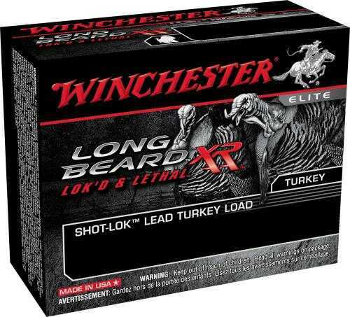 Box of Winchester 20 Gauge Three Inch One Quarter Oz Lead Shot Five by Winchester, black with red and white text, turkey illustration, warning labels at the bottom, and advanced Shot-Lok Technology for superb performance.