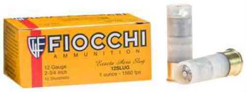 A yellow box of Fiocchi Ammo 12 Gauge 80 Rounds, 2 3/4 1 oz Lead #Slug, is shown beside two clear shotgun shells with brass bases. The Fiocchi logo and product details are displayed in blue and white text on the box.