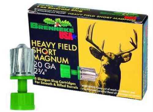 A box of Brenneke 20 Gauge ammunition, 5 rounds of 3/4 oz sabot slugs, features reliable deer load performance and distinctive packaging for effective hunting.
