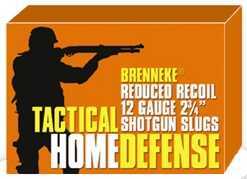 An orange Brenneke box holds 5 rounds of 12 Gauge 2 3/4 1 oz Lead Slugs, featuring bold yellow and white text plus a black silhouette—for reliable shotgun protection.