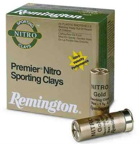 A box of Remington 12 Gauge 25 Rounds Ammunition (2 3/4, 1 oz Lead #7 1/2) is shown with two shells in front. The gold and green packaging highlights the Remington brand and product details.