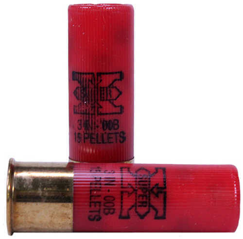 Two Winchester 12 Gauge 3 magnum buckshot shells with brass bases are shown—one upright, one horizontal. Both plastic casings display black markings such as 00 buck and 15 pellets lead.