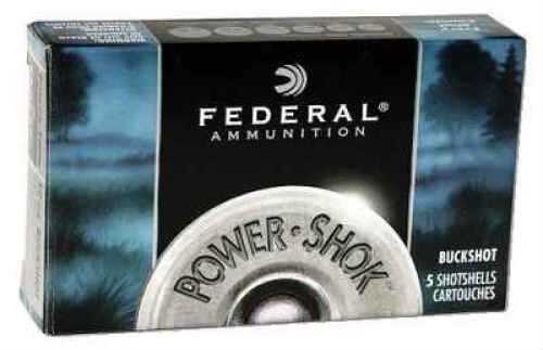 A box of Federal 12 Gauge Ammunition contains 5 rounds of 2 3/4 #00 Buck with 9 lead pellets, showcasing a shotshell base against a dark forest background and featuring the Triple Plus wad system for tighter patterns.