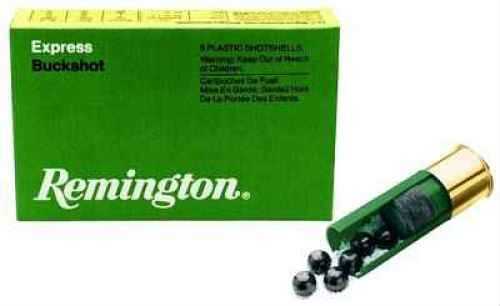 A green Remington 12 Gauge 5 Rounds Ammunition box is next to a Remington 2-3/4 shell with lead #0 buckshot pellets exposed and some spilled in front.