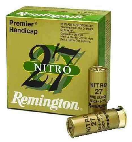 A green and gold Remington box of 12 Gauge 250 Rounds Ammunition, 2 3/4 1 1/8 oz Lead #7 1/2, with two gold shells in front. The box and shells feature Nitro 27, Lead Shot, and Remington branding.
