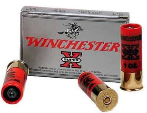 Three red Winchester 12 Gauge 5 Rounds Ammunition shells are shown in front of a silver Winchester Super-X box, perfect for deer hunting with rifled slugs. The packaging features bold red branding and the iconic horse logo.
