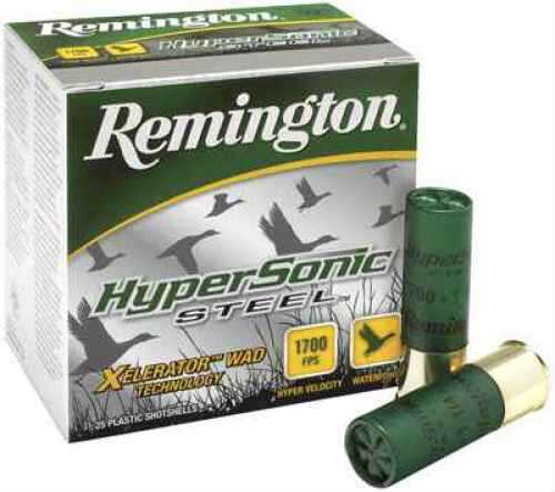 A box of Remington Hypersonic Steel 10 Gauge 3.5 Inch 25 Rounds ammo by Remington, featuring flying ducks, brand logo, a velocity of 1700 FPS, and two green and gold shells displayed in front.
