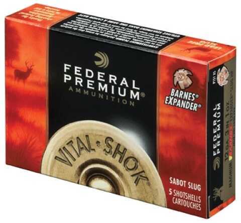 A red and gold box of Federal 12 Gauge 3 Sabot Slug ammo (#Sabot) holds 5 rounds of 7/16 oz shells, perfect for deer hunting.