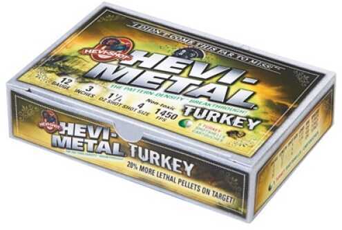 A box of Hevi-Shot - Environ Metal 12 Gauge 3 5 Rounds Ammunition (#4/#6, 1/4 oz), ideal for hunters seeking superior knockdown power and performance. Includes brand logo and product details on packaging.