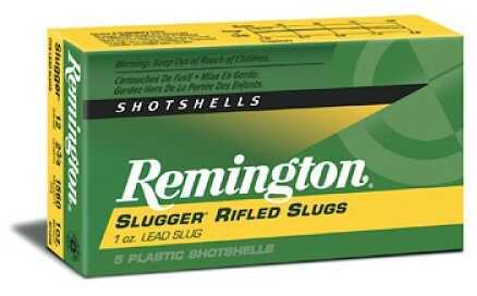 A green and yellow Remington box labeled Slugger 20 Gauge 2 3/4 In 1/2 Oz Rifled Slug, containing 5 plastic shotshells, with the Remington logo displayed prominently.