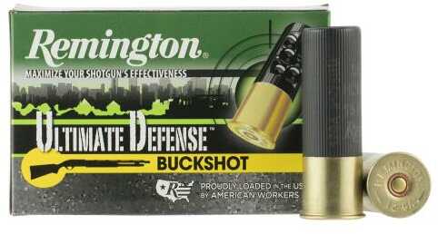 A box of Remington 12 Gauge 5 Rounds Ammunition 3 #00 Buck is shown with two shells in front, highlighting the brands quality, effectiveness, and American-made reliability for home defense.