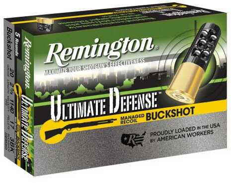 Remington 20 Gauge 5 Rounds Ammunition, 2 3/4, 17 Pellets Lead #3 Buck, offers reliable home defense in signature green and yellow packaging with a shell image and “Loaded in the USA” text.