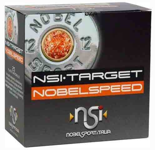 A box of Nobel Sport 12 Gauge Shotgun Ammo One Eighth Oz Lead Eight, with a close-up of a #8 shot shell primer and orange Nobel Sport branding.