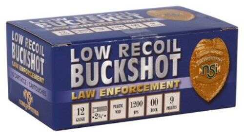 A blue box of Nobel Sport 12 Gauge Buckshot, 10 rounds, Law Enforcement labeled, with 2 3/4-inch shells, low recoil, 00 buck (9 pellets), 1200 fps, and a gold badge graphic on the side.