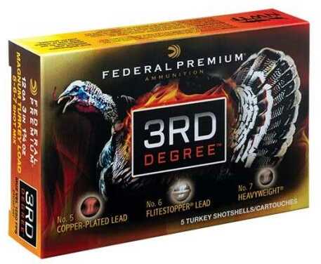 Federal 3rd Degree 20 Gauge Ammo features a wild turkey image and details three shot types, including high-density Tungsten Super Shot. Each 3in shell contains #5/6/7 shot, 1-1/2 oz load, and delivers 1100fps.