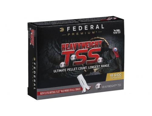 A box of Federal 20 Gauge 5 Rounds Ammunition, 3 1 5/8 oz Tungsten #7 & 9, labeled Ultimate Pellet Count and Longest Range, with an image of shotgun pellets and a turkey in the background.