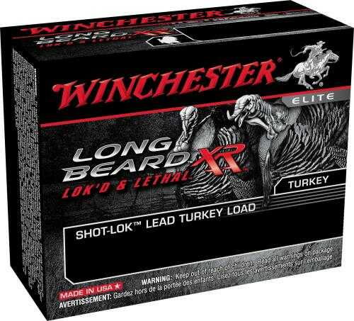 A black box of Winchester Long Beard XR 20 Gauge 3 1-1/4oz Shot Size Six shells for turkey hunting, featuring the Winchester brand, red and white text, two turkeys illustration, Shot-Lok Technology info, and lead safety warnings.