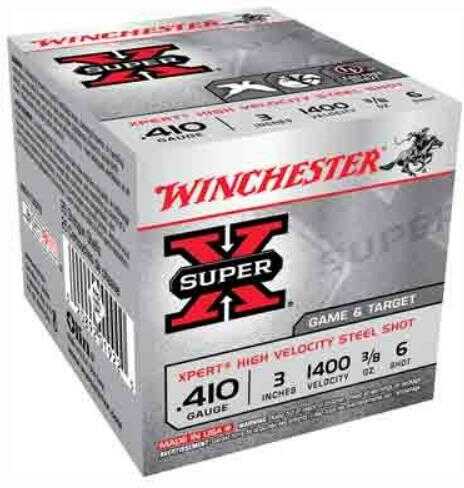 Winchester 410 Gauge 3 3/8 oz Steel #6 shotshells, 25-round box, for game and target use. Non-toxic loads in gray/red Winchester packaging.