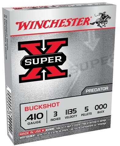 Box of Winchester 410 Gauge 5 Rounds Ammunition, 3 shells, lead #5 buckshot, 5 pellets per shell. Mostly silver box with red and black accents.