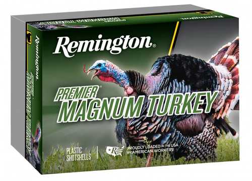 A box of Remington 12 Gauge 5 Rounds Ammunition, 3 1/2, 2 1/4 oz copper plated lead #4, with branding and product details highlighted on the packaging. Loaded in the USA.