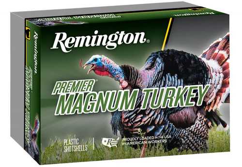 A box of Remington 10 Gauge 3 1/2 5 Rounds Ammunition features green, yellow, and white branding and is designed for turkey hunting with 2 1/4 oz lead #4 shot.