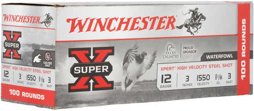A box of Winchester 12 Gauge 3 Inch Steel Shot Three, high-velocity ammo by Winchester, designed for waterfowl hunting. Features duck imagery, red text, and includes 100 rounds.