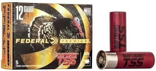 A box of Federal 12 Gauge 5 Rounds Ammunition (3 2 oz Tungsten #7 & 9) with two red shells beside it. The box, featuring a turkey image, showcases its design by Federal for superior turkey hunting performance.