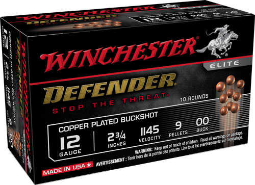 A box of Winchester Defender Copper 12 Gauge 00 Buck Shot ammo, featuring Winchester branding, STOP THE THREAT slogan, and containing 10 rounds.