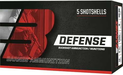 A box of Barnes 12 Gauge 5 Rounds Ammunition (2 3/4, 9 Pellet, Lead #00 Buck), featuring barn red “B” branding, a firearm image, and bold black, red, and white text on the packaging.