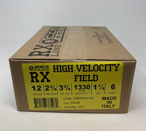 A box of Clever RX High Velocity Field 12Ga shotgun shells features a yellow label, 2¾ length, 1330 FPS, 1¼ oz #6 lead shot, made in Italy. Each box contains 250 shells.