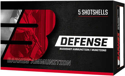 A black and red box labeled Barnes Bullets 32011 Defense 12 Gauge 3 15 Pellets 00 Buck Shot, containing 5 self-defense shotshells, features a large B and the silhouette of a person holding a shotgun.