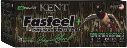 Box of Kent Cartridges Kent Fasteel Bayou Blend 12 Gauge 3 Inch 3X5 Shot Rounds, featuring a flying duck image, marked “100 rounds,” with details: 1450 fps and 1 1/4 oz load.